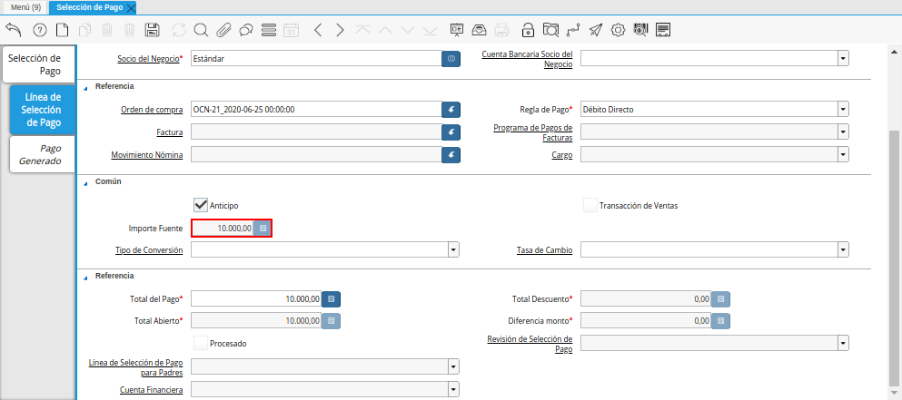 Campo Importe Fuente del Documento Orden de Pago desde Orden