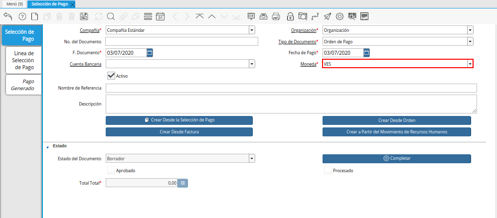 Campo Moneda del Documento Orden de Pago desde Orden