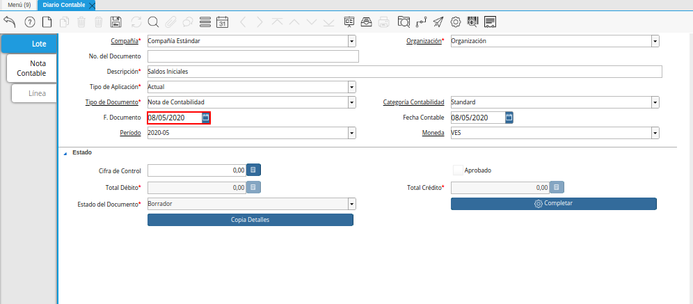 Campo Fecha del Documento de la Pestaña Lote Contable de la Ventana Diario Contable