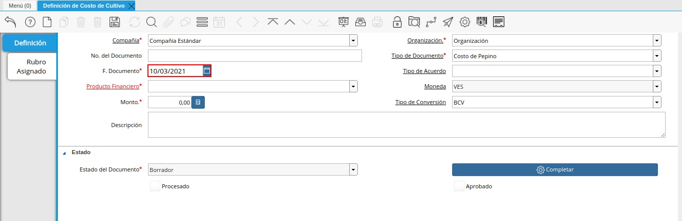 campo fecha del documento de la ventana definición de costo de cultivo