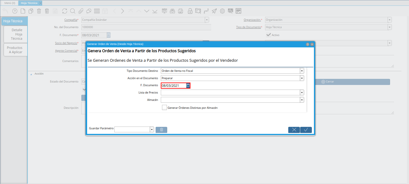 campo fecha de documento de la ventana generar orden de venta desde hoja técnica