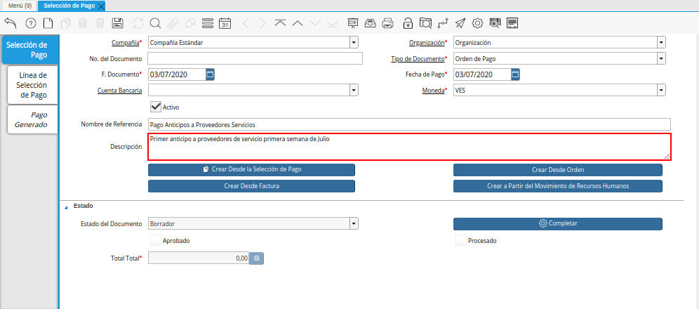 Campo Descripción del Documento Orden de Pago desde Orden