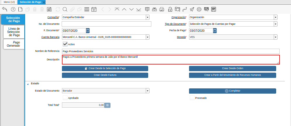 Campo Descripción del Documento Registro desde Selección de Pago