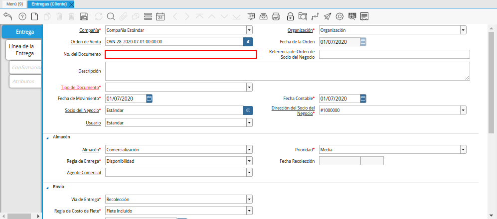 Campo No Documento de la Ventana Entregas Cliente