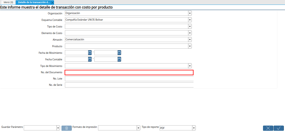 Campo No. del Documento de la Ventana Detalle de la Transacción de Costos