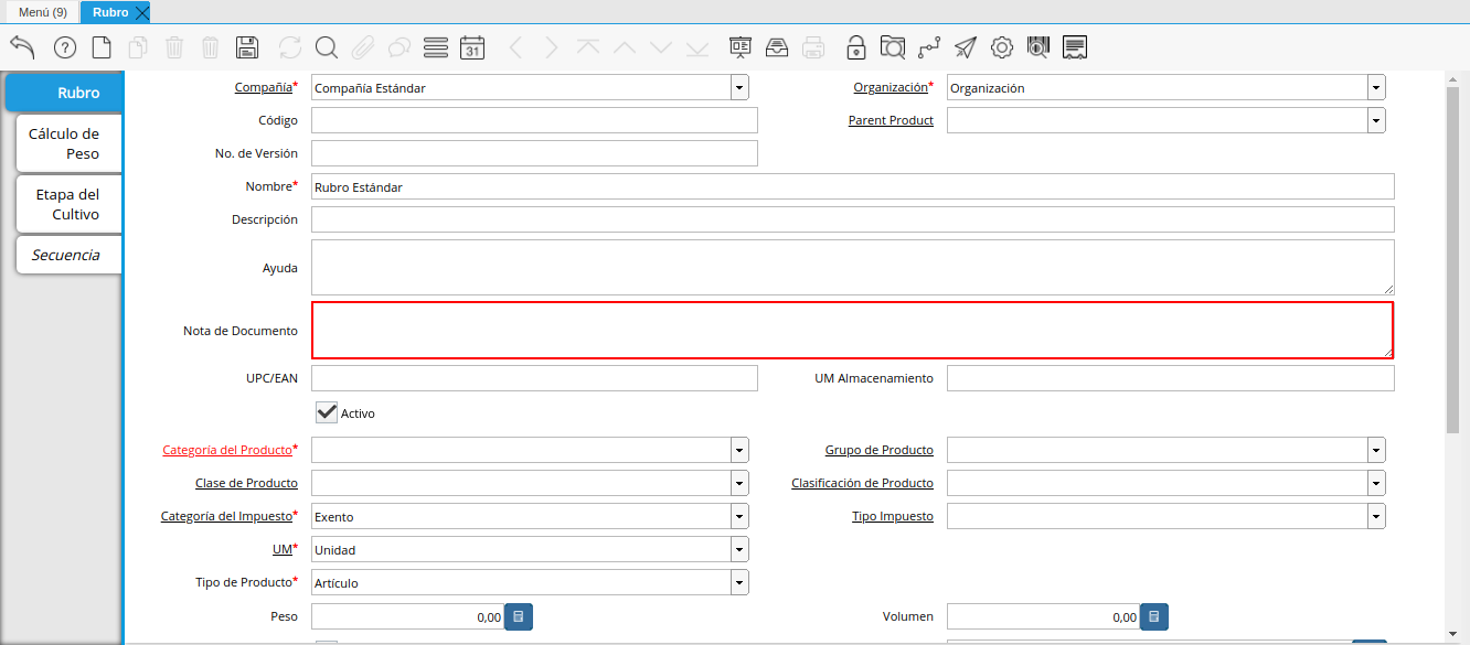 Campo Nota de Documento