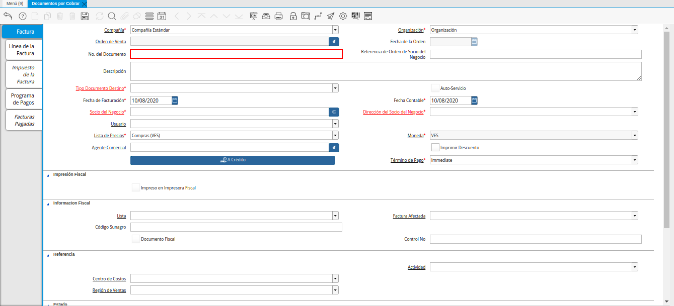 Campo Nro del Documento de la Ventana Documentos por Cobrar