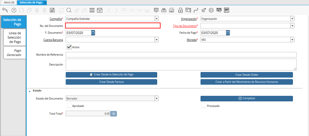 Campo Número de Documento del Documento Orden de Pago desde Orden