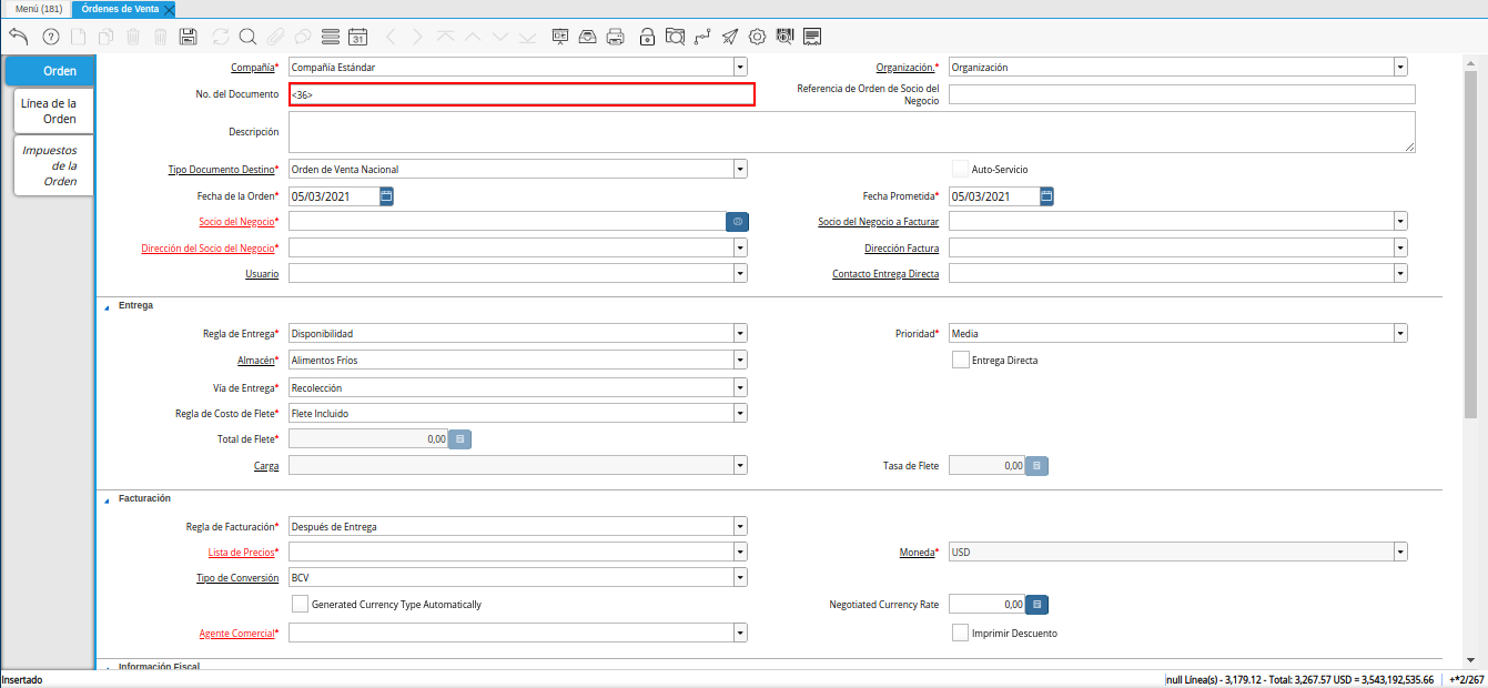 campo número del documento de la ventana órdenes de venta