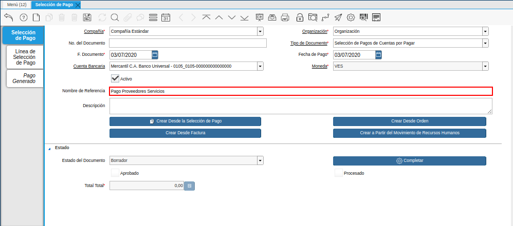 Campo Nombre de Referencia del Documento Registro desde Selección de Pago