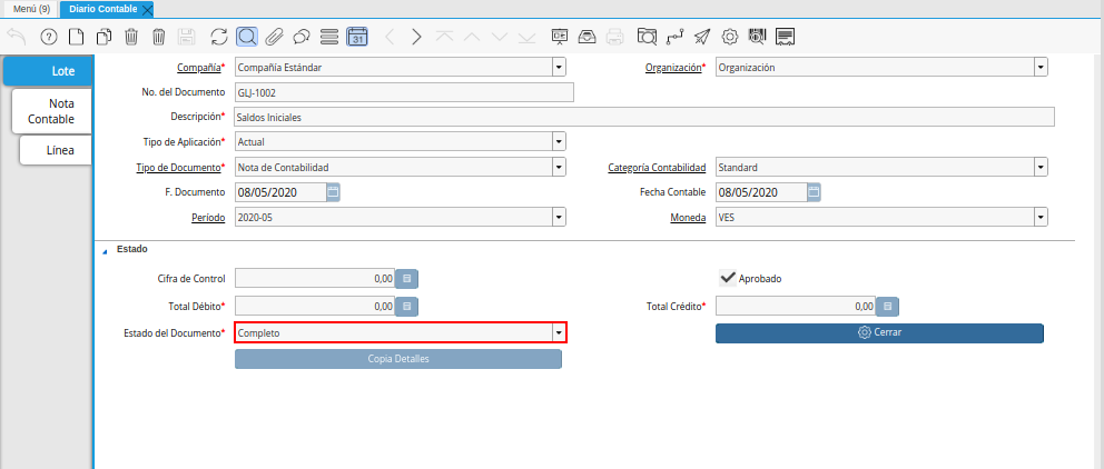Estado del Documento Nota Contable