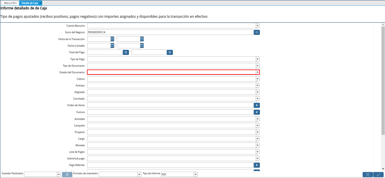 campo estado del documento del reporte detalle de caja