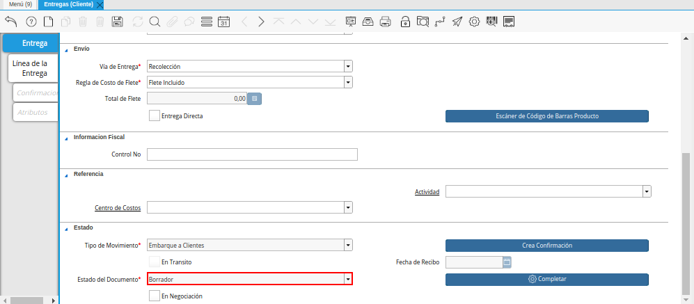 Campo Estado del Documento de la Ventana Entregas Cliente