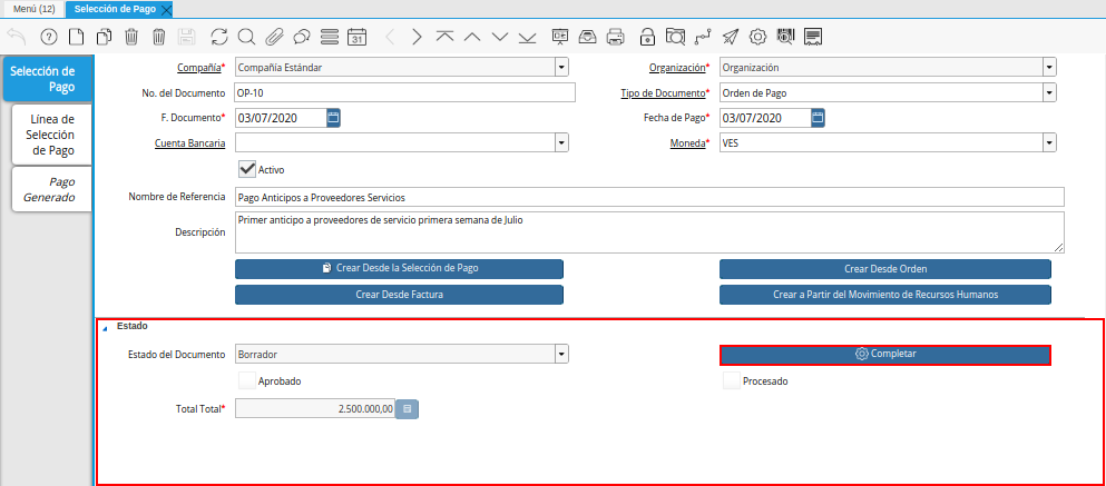 Grupo de Estado del Documento Orden de Pago desde Factura