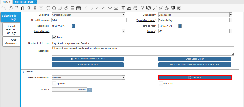 Grupo de Estado del Documento Orden de Pago desde Orden