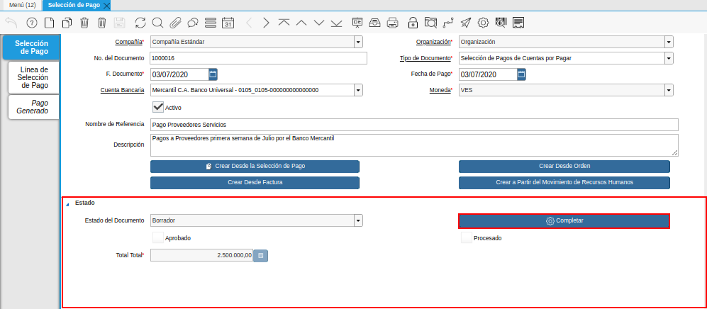 Grupo de Estado del Documento Registro desde Selección de Pago