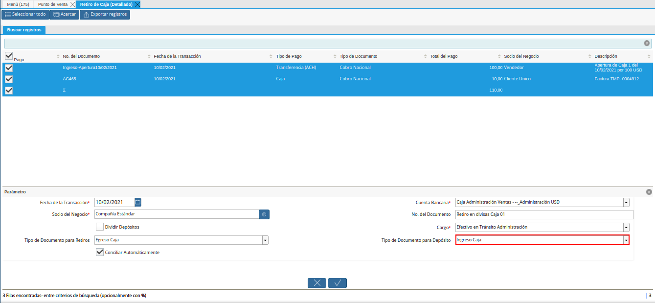 campo tipo de documento para depósito del retiro detallado