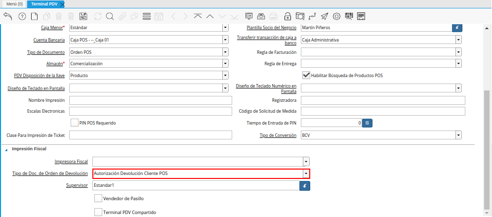 Campo Tipo de Documento para Orden de Devolución de la Ventana Terminal PDV