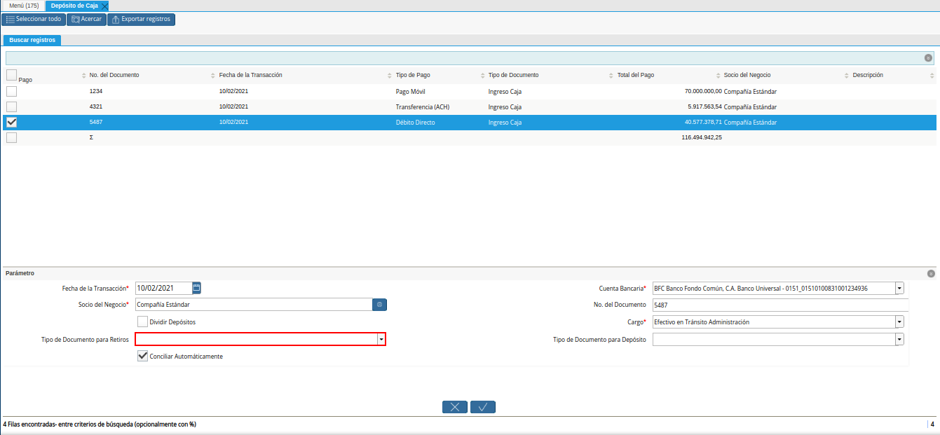 campo tipo de documento para retiros de la ventana deposito a caja