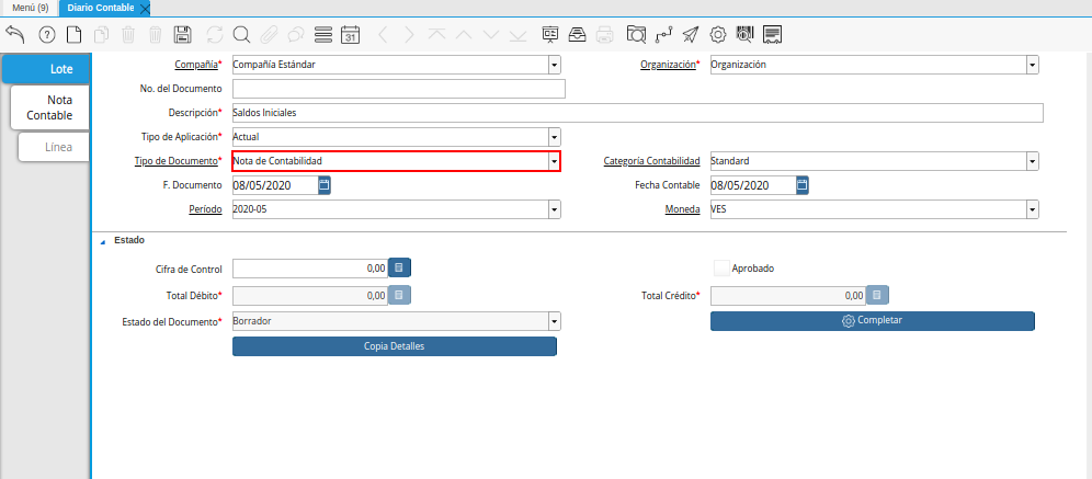 Campo Tipo de Documento de la Pestaña Lote Contable de la Ventana Diario Contable