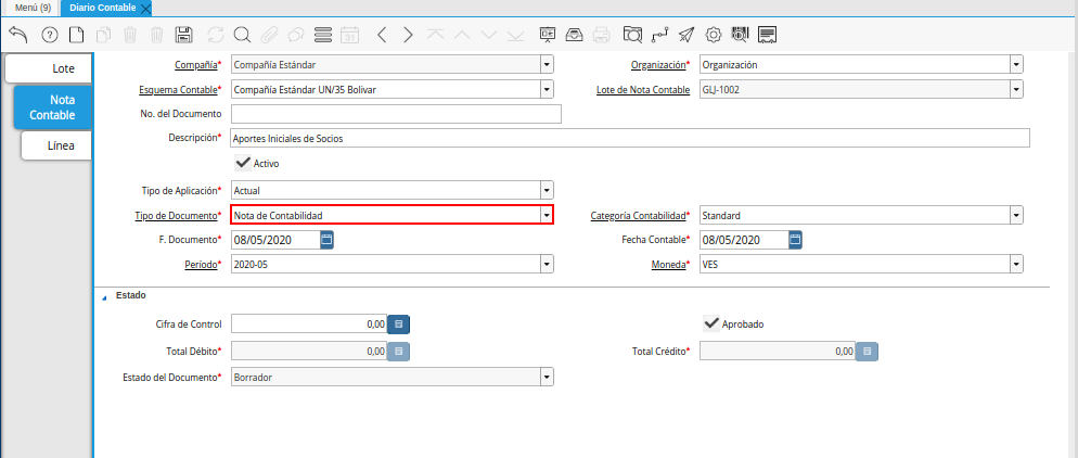 Campo Tipo de Documento de la Pestaña Nota Contable de la Ventana Diario Contable