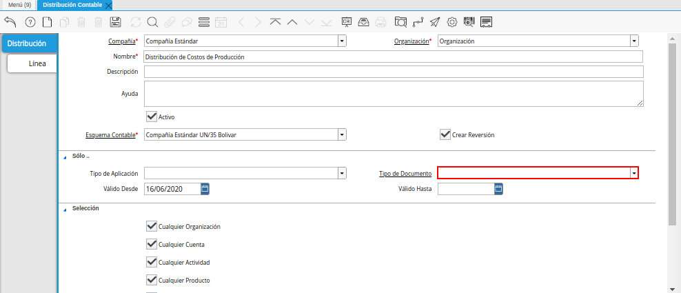 Campo Tipo de Documento de la Ventana Distribución Contable