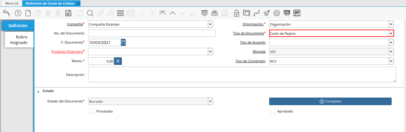 campo tipo de documento de la ventana definición de costo de cultivo