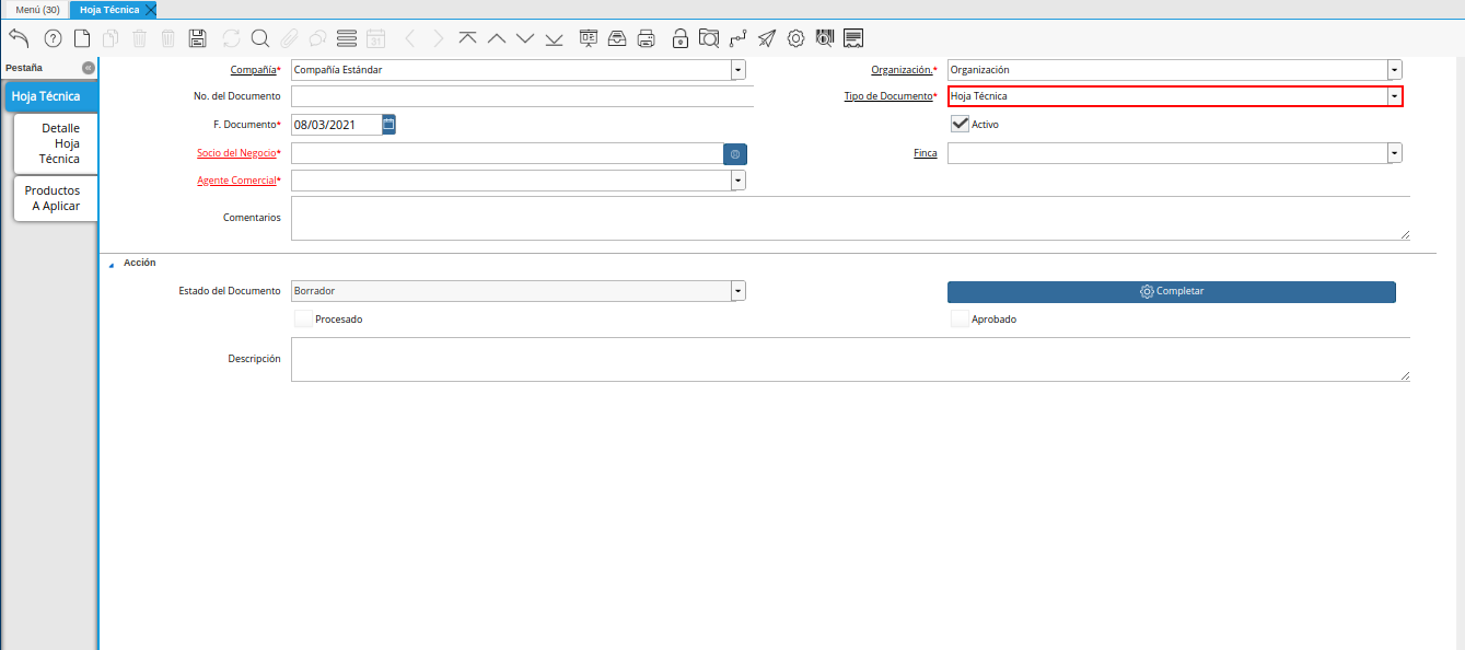 campo tipo de documento de la ventana hoja técnica