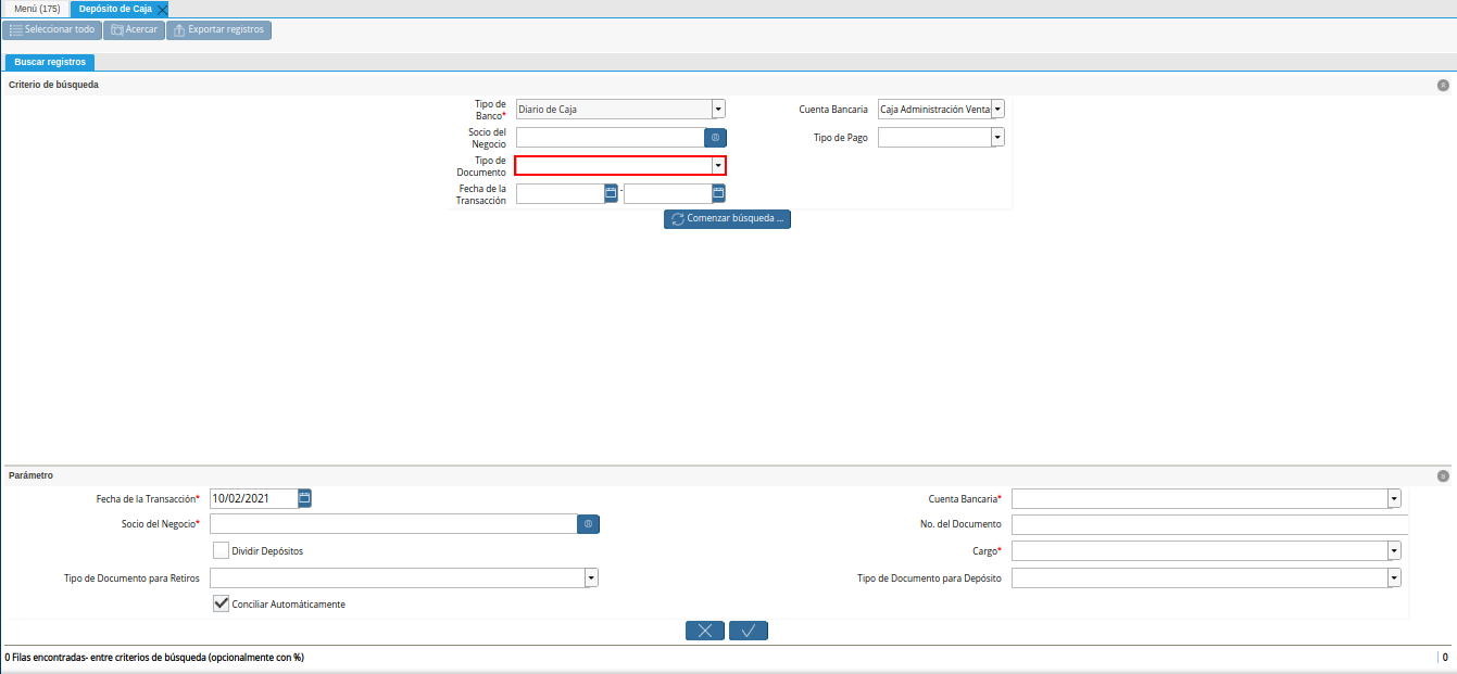 campo tipo de documento de la ventana deposito a caja