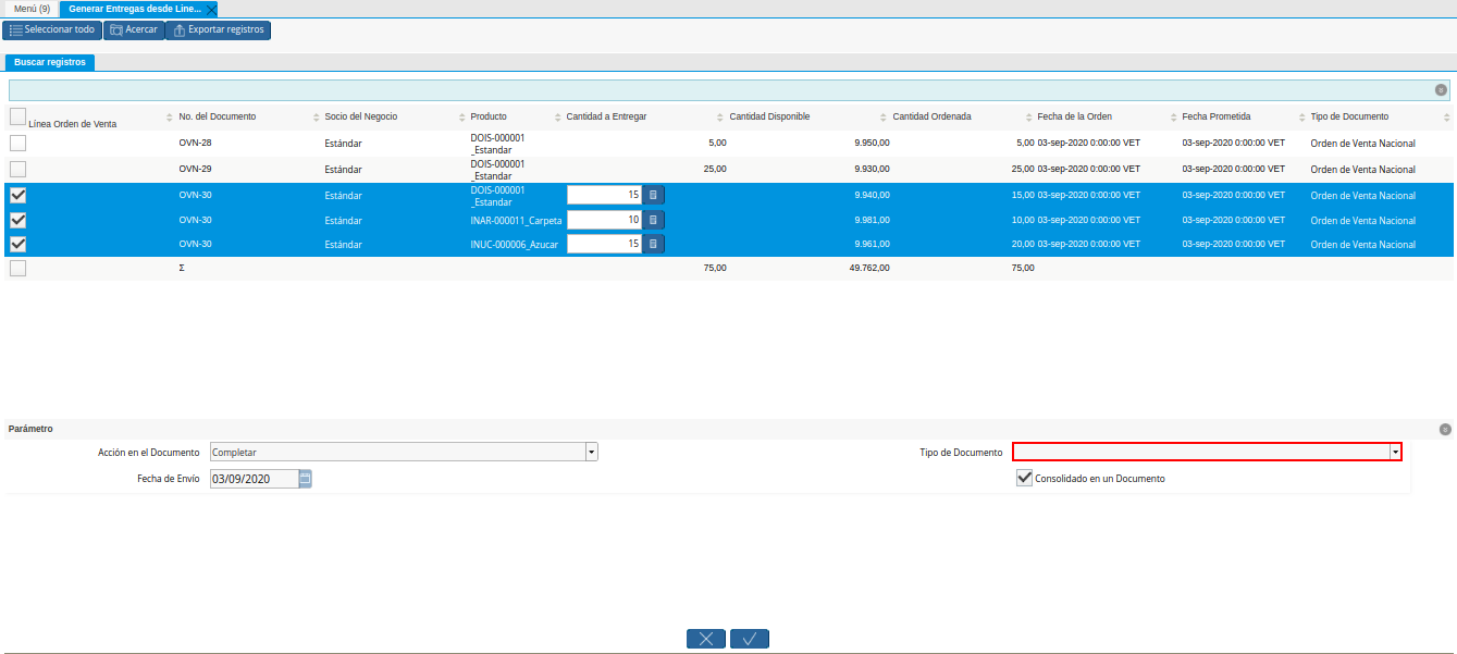 Campo Tipo de Documento de la Ventana Generar Entrega desde Líneas de la Orden