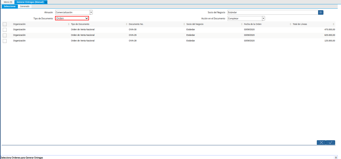 Campo Tipo de Documento de la Ventana Generar Entregas Manual