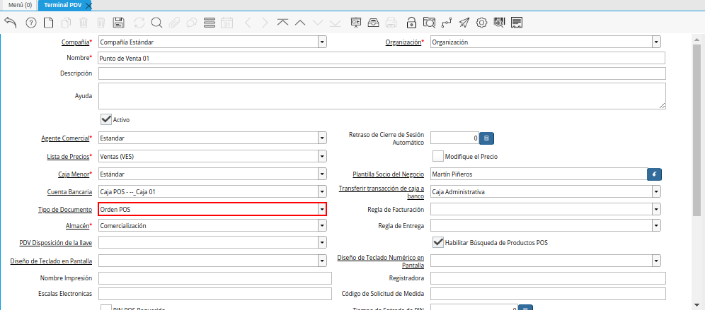 Campo Tipo de Documento de la Ventana Terminal PDV
