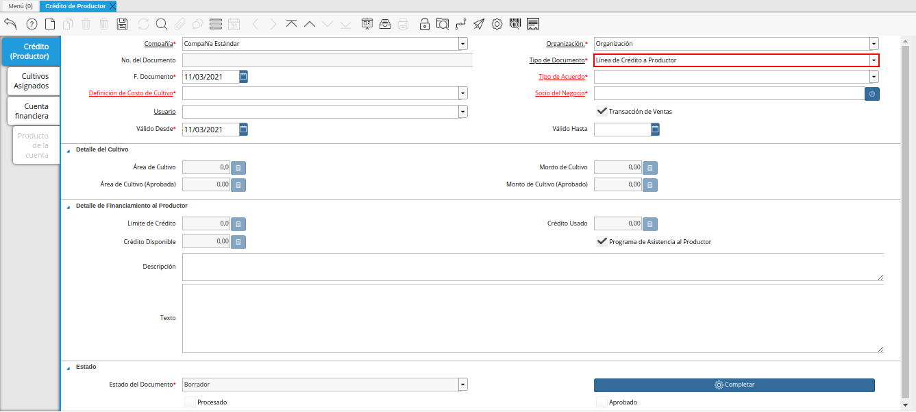 campo tipo de documento de la ventana crédito del productor