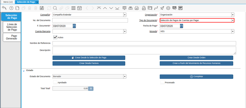 Campo Tipo de Documento del Documento Registro desde Selección de Pago