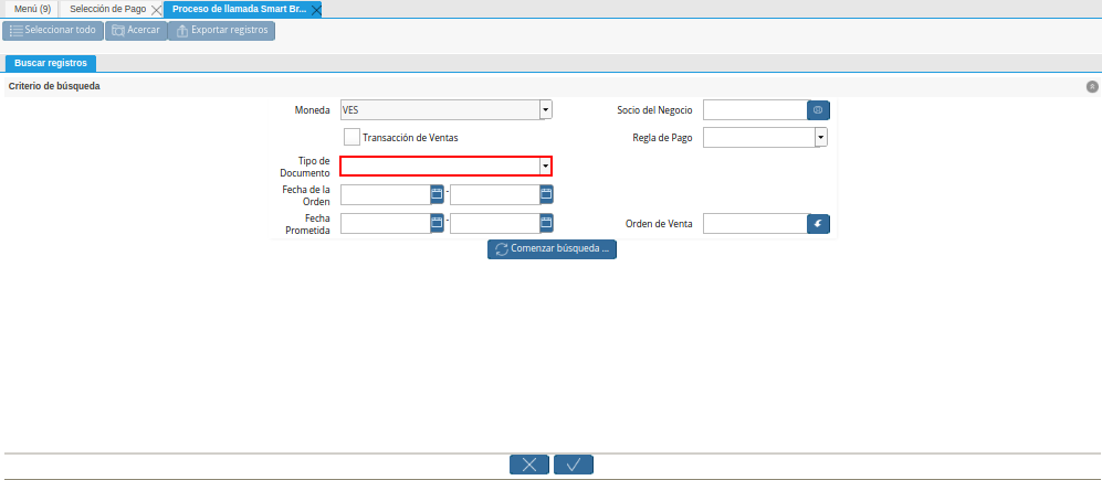 Campo Tipo de Documento de la Ventana de Búsqueda Inteligente del Proceso Crear Desde Orden