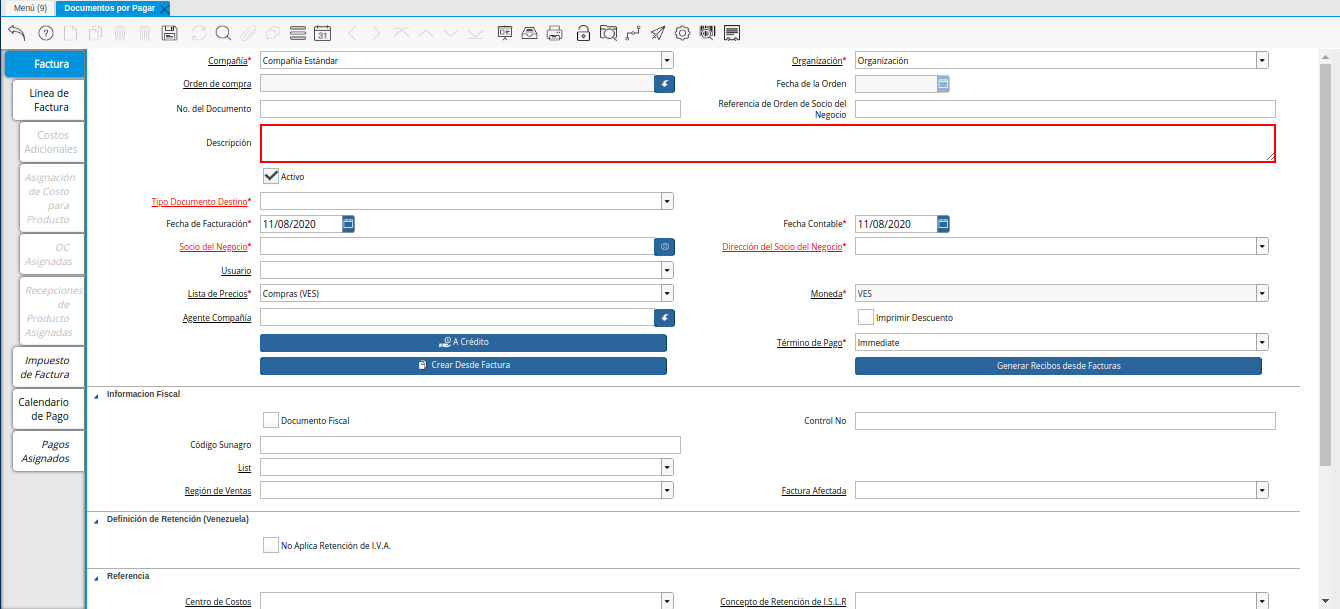 Campo Descripción de la Nota de Débito de CxP