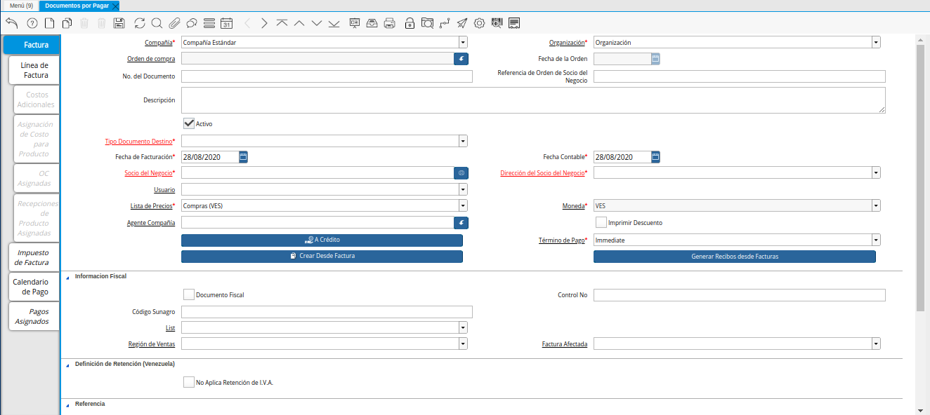 Ventana Documentos por Pagar desde Orden de Compra