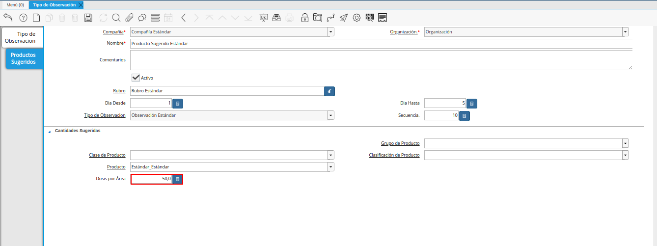 campo dosis por área de la pestaña productos sugeridos de la ventana tipo de observación