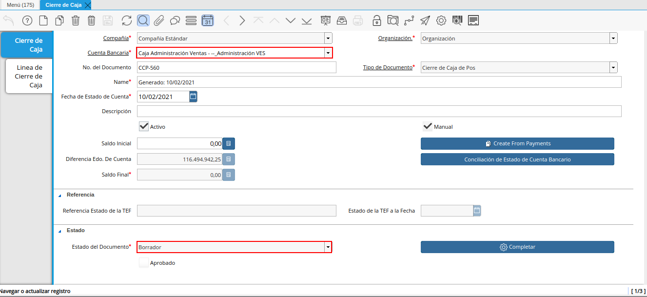 Cierre de Caja Administrativa en Borrador