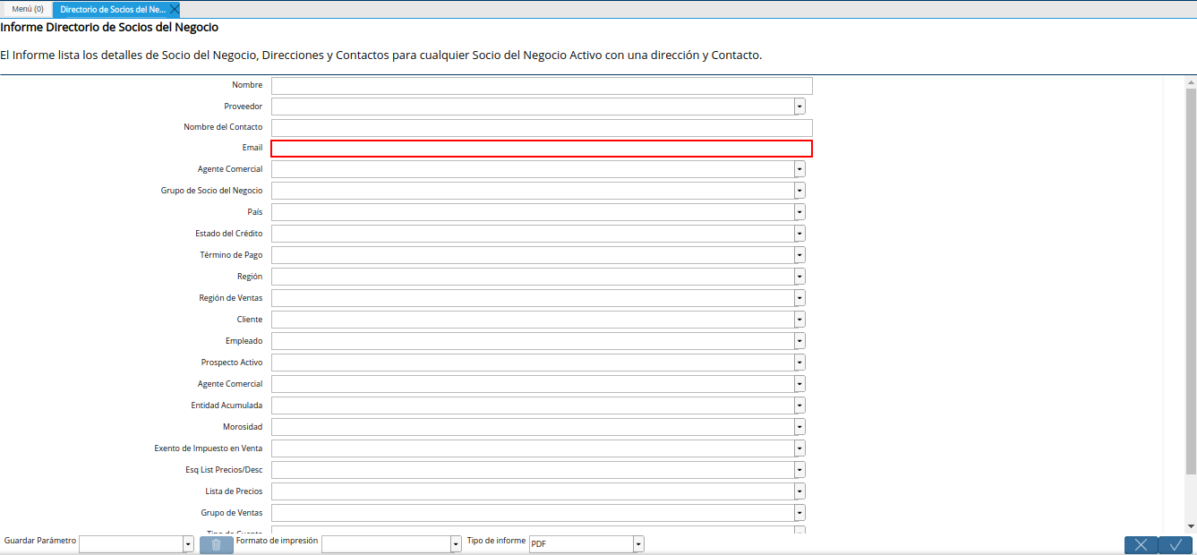 campo email del reporte directorio de socios del negocio