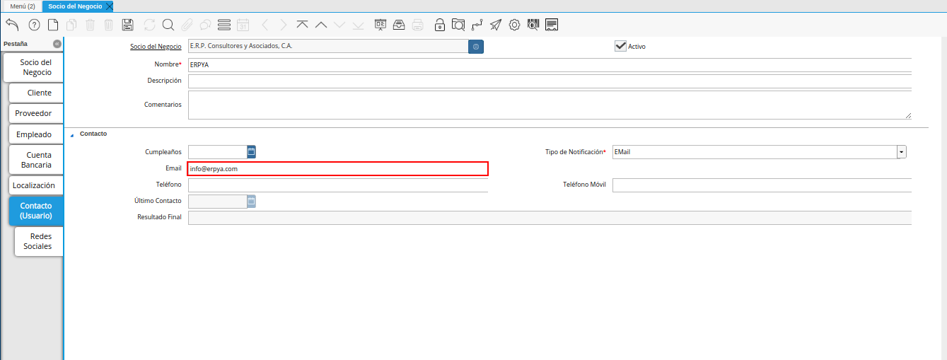 campo email de la pestaña contacto usuario de la ventana socio del negocio