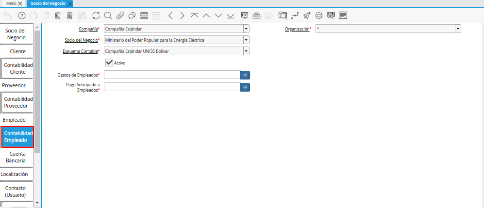 Pestaña Contabilidad Empleado de la Ventana Socio del Negocio