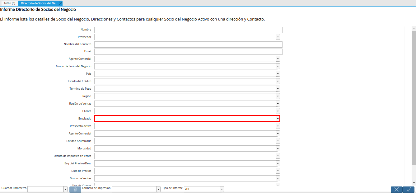 campo empleado del reporte directorio de socios del negocio