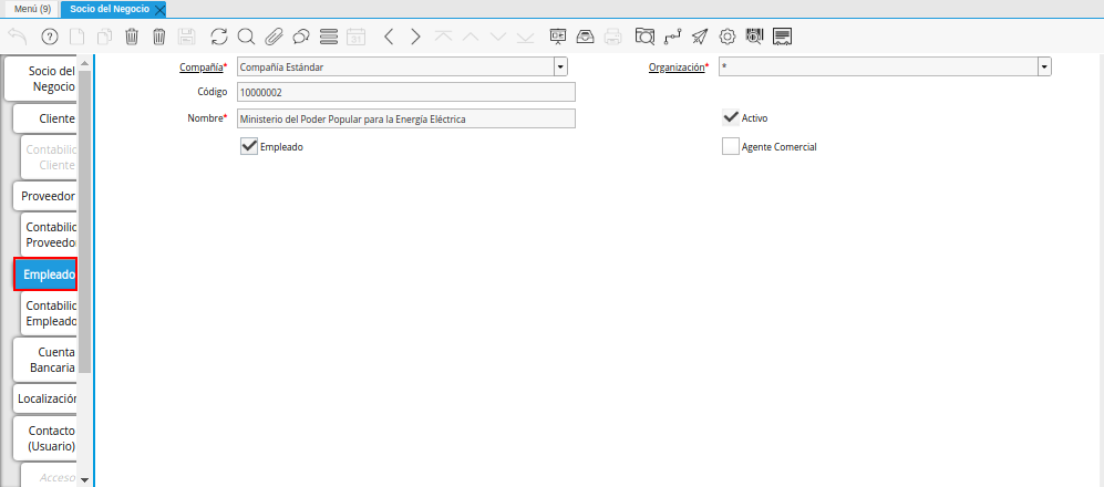 Pestaña Empleado de la Ventana Socio del Negocio