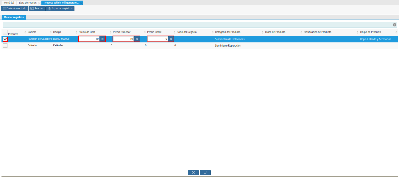 ingresar precios de productos