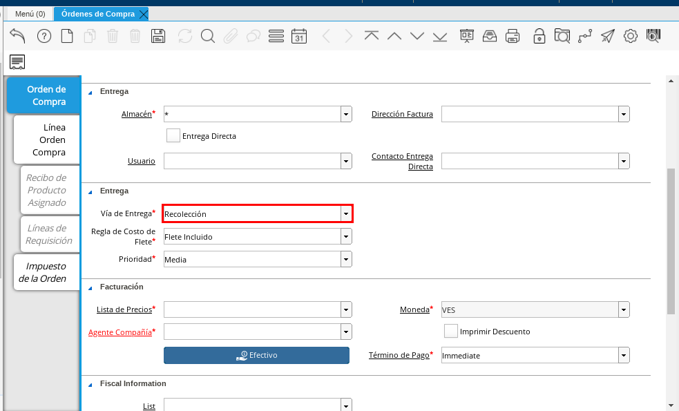Campo Vía de Entrega