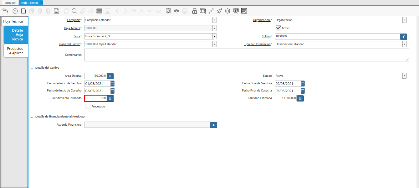 campo rendimiento estimado de la pestaña detalle de hoja técnica de la ventana hoja técnica