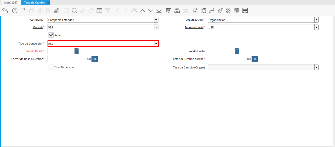 campo tipo de conversión de la tasa de cambio