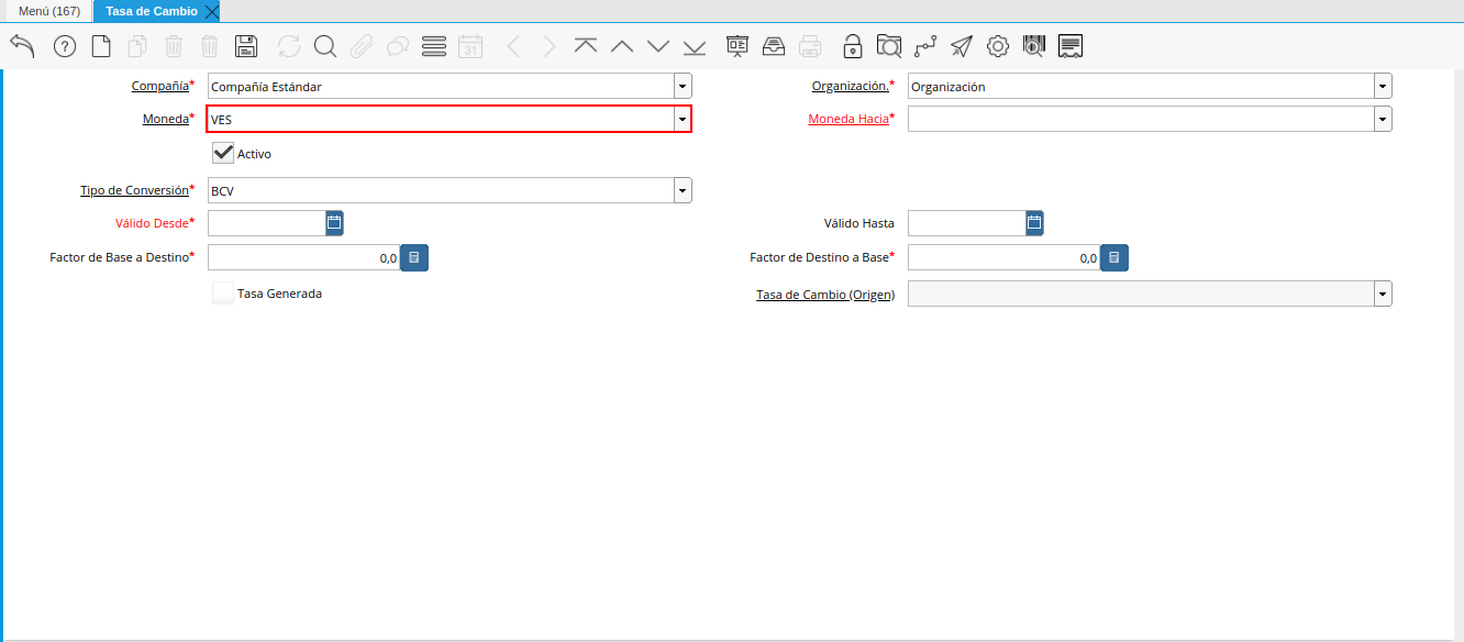 campo moneda de la tasa de cambio