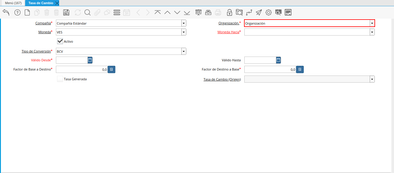 campo organización de la tasa de cambio